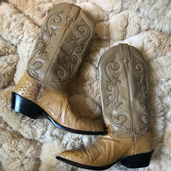 Cowboy boots 9.5/10 women 8D mens tan beige ostrich vintage - Picture 5 of 8